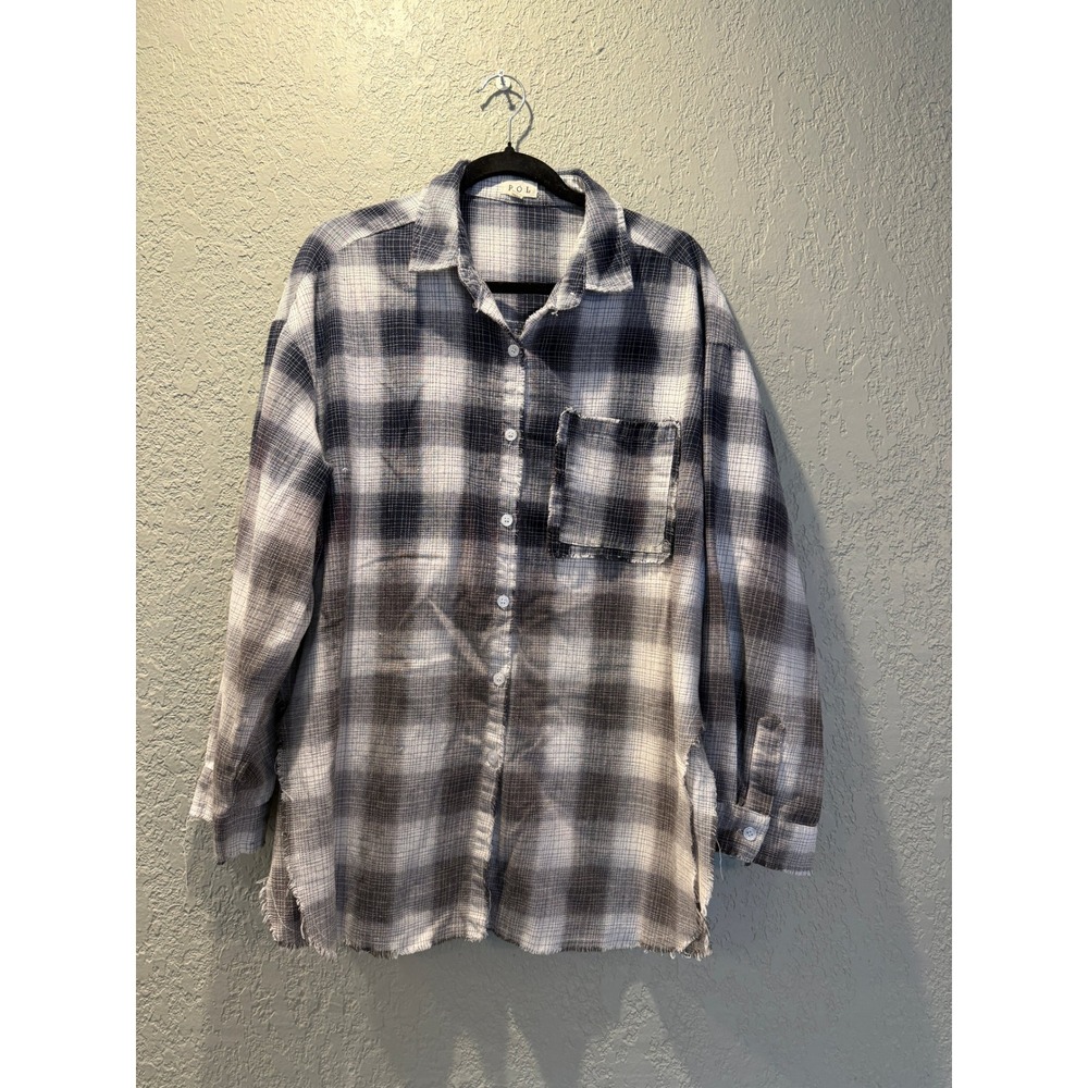 POL Plaid Oversized Distressed Button‎ Down Shirt Women Medium Black White Gray